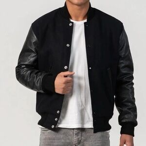 Golden Bear Black Wool Body & Black Leather Sleeves Varsity Jacket